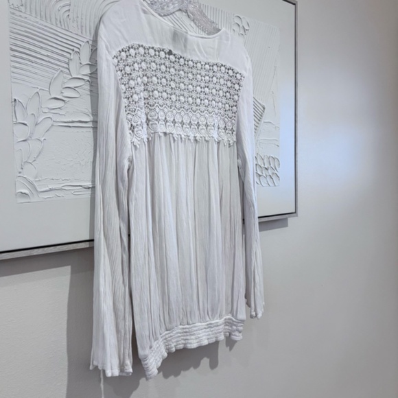 New Direction Women's SZ LWhite Long Sleeve Boho Peasant Top Lace Front Tie - Picture 9 of 10